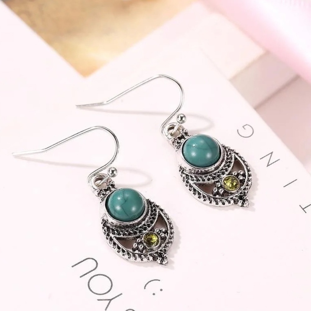 Silver Turquoise Amber Boho Glam Drop Earrings - Picture 3 of 4